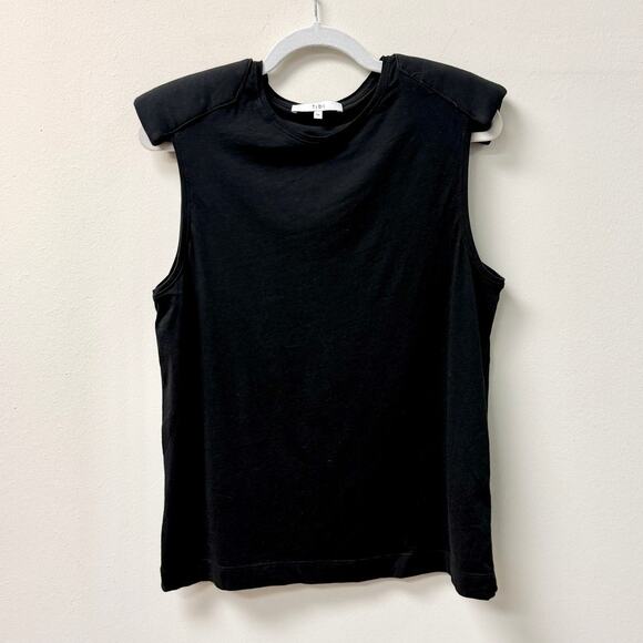 Tibi Sleeveless Round Neck Muscle Tank with Shoulder Pads Black Women's Size M - Picture 1 of 4